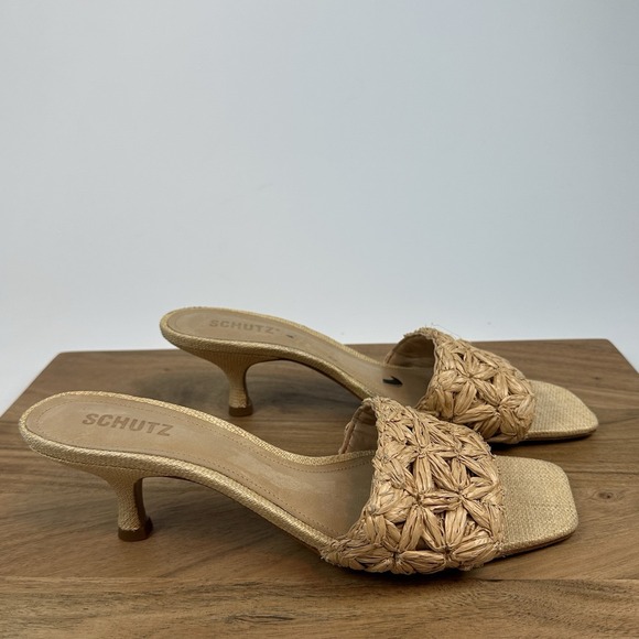 Womens Schutz Dethalia Tan Floral Straw Slip‎ On Sandals Heels Size 10.5 B - Picture 1 of 9